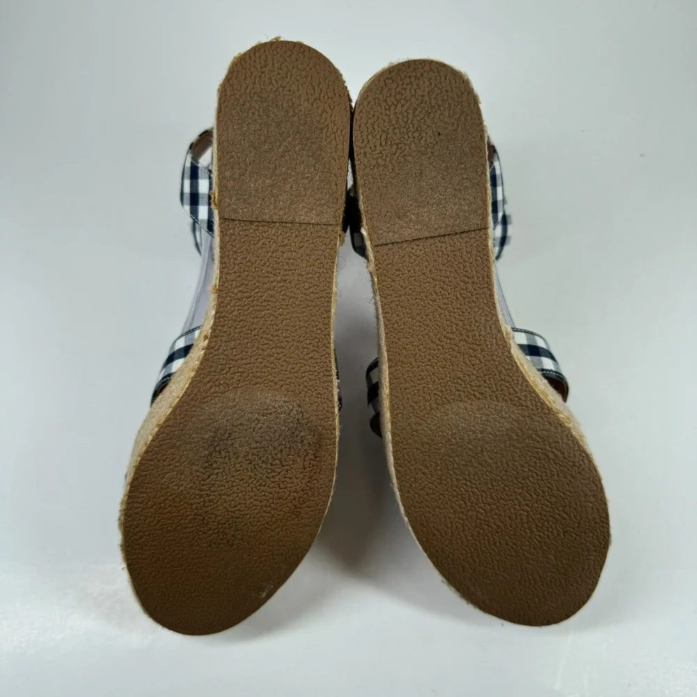J.Crew Women's US 8.5 Navy Blue Gingham Flatform Espadrille Wedge Sandals L4669